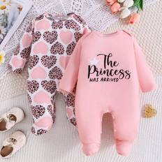 Pink Bodysuits Shein Baby Girls Heart Letter Print Long Sleeve Bodysuit Set - Suitable