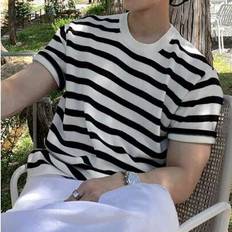 Stripes - Unisex Jumpers Shein Casual Contrast Striped Knit Pullover Short Sleeve Sweater - European Korean