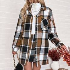 Checkered Suits Shein Front Button Long Sleeve Plaid Top Mini Skirt Set