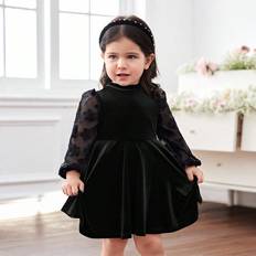 Shein Baby Girl Elegant Black Velvet Patchwork Long Sleeve - Black
