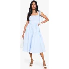 boohoo Cotton Ruched Bust Shoulder Tie Midi Dress - Blue