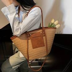 Beige - Dam Strandväskor Temu Beige Woven Straw Tote Bag For Women