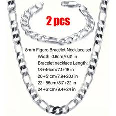Unisex Jewellery Sets Temu Elegant And Stylish 8mm Chain Necklace Bracelet Set - Silveryy Plated