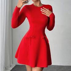 A-Line Dresses - Red Shein Red Round Neck Cinched Waist A-Line Mini Dress - New Year