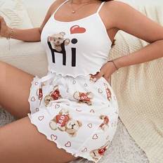Shein Plus Bear Heart Print Lettuce Trim PJ Set - White