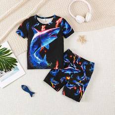 Black Pyjamases Shein Young Boy Glow-In-The-Dark Shark Print Knit Set
