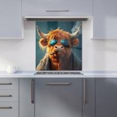 Blue Splash Guards Warren Reed Highland Cow With Glasses Kitchen Splashback 700mm x 650mm Splash Guard