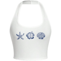 Multicoloured Tank Tops Shein EZwear Women's Casual Backless Fitted Halter Neck Camisole Tank Top, Summer Beach Print Designs: Seashell, Starfish, Hibiscus Flower