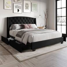 Frame Beds Classic Button Tufted Wingback Upholstered with Drawers Frame Bed