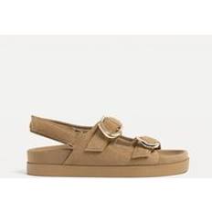 Stradivarius Leather Flat Sandals With Buckles - Beige