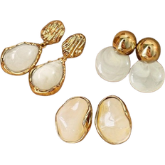 Shein 3 pairs of vintage elegant, soft earrings with amber resin inlay, high-quality, versatile set for everyday wear, party, wedding, autumn/winter
