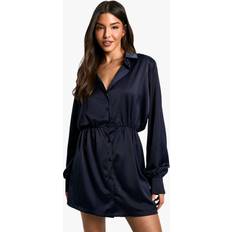 boohoo Womens Satin Shoulder Pad Shirt Dress - Navy