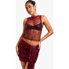 Sequins Tank Tops boohoo Womens Sequin Sheer Racer Vest - Malbec