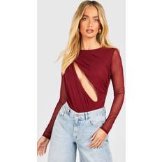 Boohoo Women Shapewear & Under Garments boohoo Womens Ruched Mesh Cut Out Long Sleeve Bodysuit - Purple
