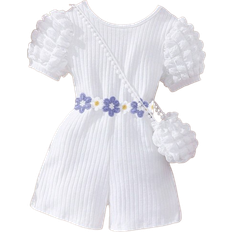 Shein Young Girl ShortSleeved Bubble Texture Jumpsuit With Crossed Back And Knit Stripe Fabric Including Bag