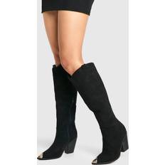 Slip-On High Boots boohoo Knee High Toe Cap Pull On Western Cowboy Boots - Black