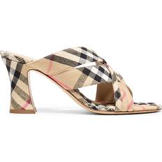 Burberry Slip-On Heeled Sandals Burberry Sloane 90MM Check Woven Linen Block-Heel Sandals - Sand IP Check