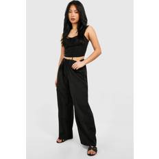 boohoo Petite Linen Look Drawstring Trouser - Black