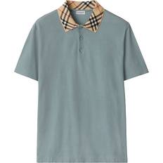 Burberry L Polo Shirts Burberry Check Collar Cotton Polo Shirt - Blue