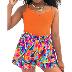 Shein Tween Girl Vacation Casual SpringSummer Knitted Spliced Woven Ditsy Floral Jumpsuit With Straps