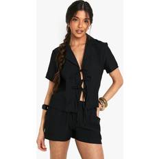 Boohoo Linen Shirts boohoo Womens Linen Look Crop Shirt - Black