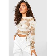 boohoo Marble Print Ruched Side Long Sleeve Crop Top - Beige