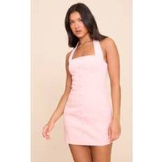 PrettyLittleThing Woven Halter Neck Button Detail Mini Dress - Pale Pink