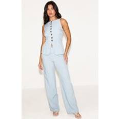 PrettyLittleThing Blue Pinstripe Linen Button Down Peplum Hem Jumpsuit