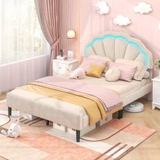 Costway Double Platform with Adjustable Petal Headboard Cream Frame Bed