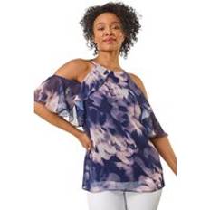 Boat Neck Tops Roman Petite Halter Frill Cold Shoulder Top - Navy