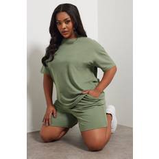 Yours Curve Sweat Jersey T-Shirt Set - Khaki Green