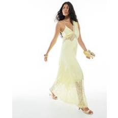 Women - Yellow Dresses River Island Premium Satin Lace Midi Slip Dress - Yellow