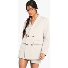 Women Blazers boohoo Tailored Linen Look Double Breasted Blazer - Beige