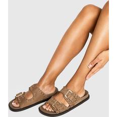 Beige Slides boohoo Whipstitch Detail Double Strap Footbed Slider - Beige
