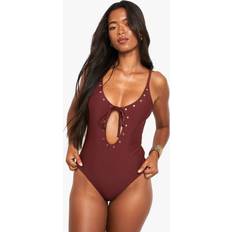 Cut-Out Clothing boohoo Womens Cut Out Studded Swimsuit - Brown