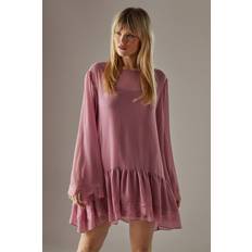 Boat Neck Dresses Warehouse Chiffon Lace Flared Sleeve Drop Hem Mini Dress - Rose