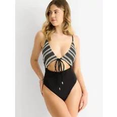Swimsuits Crochet Textured Tie Front Cutout Swimsuit - Black