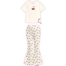 Shein Cherry Print Casual Cute Cartoon Design Round Neck Short Sleeve Top And Flare Pants Set - Young Girls