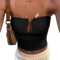 Shein Summer Solid Color Chest Wrap Backless Ruched U-Shaped Clasp Teardrop Hollow-Out Stylish Sexy Fitted Bandeau Top