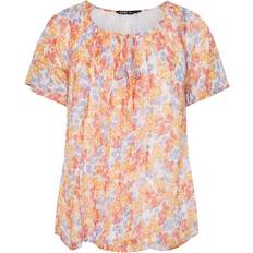 Yours Floral Tie Neck Pintuck Blouse - Coral