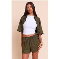 Green - Linen Shirts PrettyLittleThing Olive Linen Look Short Sleeve Shirt - Green