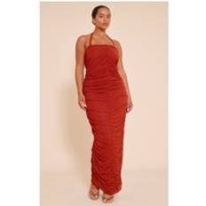 PrettyLittleThing Shape Rust Mesh Ruched Halterneck Maxi Dress - Orange