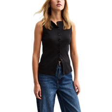 New Look Rib Button Through Tank Top - Black