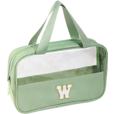 Shein 1PC Transparent Letter Toiletry Bag, Fashionable New Square Solid Color Makeup Bag With Embroidery Letters, PVC Water Proof Portable Chenille Letter Make Up Organizer, Minimalist Initial Letter Patch Travel Toiletry Bag For Women For Bathroom Monogram Wash Bag Summer Travel, Vacation Home Bathroom Decor Holiday Makeup Organizer Bathroom Accessories