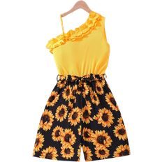 Shein Teen Girls Sunflower Printed Splice Romper With Ruffle Trimmed Neckline