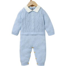 Shein Baby Boy Gentleman Style Casual Romper, Classic Cable Knit Turtleneck Long Sleeve Jumpsuit With Shirt Collar Design, Fashionable And Comfortable, Essential Baby Autumn/Winter Outfit