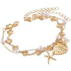 Shein 2pcs/Set Beach Vacation Style Metal Alloy Shell, Starfish & Faux Pearl Pendant Bracelet Set, Handmade Versatile Jewelry Suitable For Women's Daily, Beach, Date, Party & Music Festival Wear. The Handmade Chain Length Can Be Customized