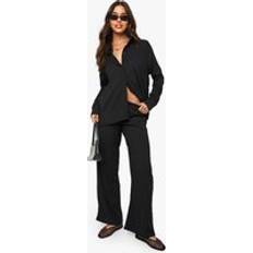 boohoo Crinkle Button Through Shirt Trouser Co-Ord - Black