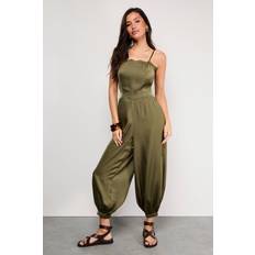 Green - Women Jumpsuits & Overalls Warehouse Petite Satin Lace Trim Elasticated Cuff Strappy Jumpsuit - Olive