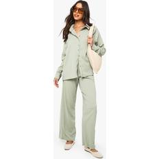 boohoo Crinkle Button Through Shirt Trouser Co-Ord - Green